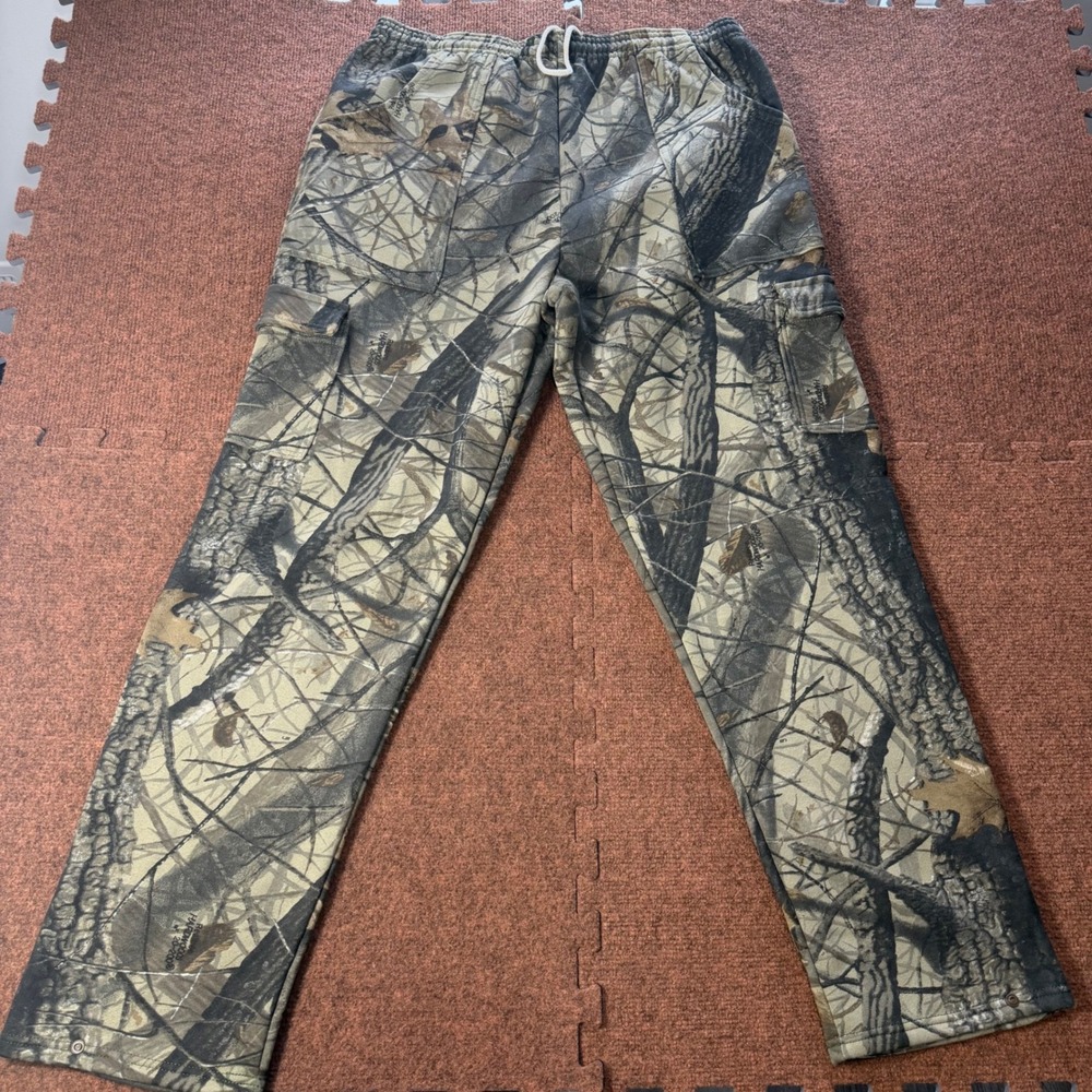 Jerzees Outdoors Realtree Hardwoods Camo Fleece Cargo Pants Mens Large Made USA